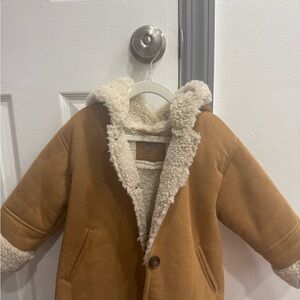 Zara Kids Tan Hooded Faux-Suede Puffer with Cream Sherpa